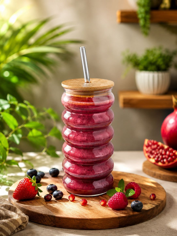 لیوان اسموتی شیشه ای نی دار درب چوبی بلند مدل حلقه ای