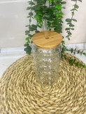 لیوان اسموتی شیشه ای نی دار درب چوبی بلند مدل حلقه ای
