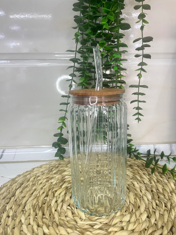 لیوان اسموتی شیشه ای در چوبی نی دار راه راه