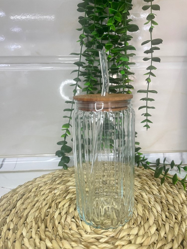 لیوان اسموتی شیشه ای در چوبی نی دار راه راه